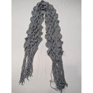 Gray Ruffle Wave Knit Scarf Long Fringe Textured Boho Statement Scarf